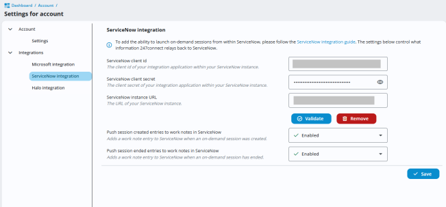 The Settings for account page showing the ServiceNow integration selected. The page displays fields for ServiceNow client ID, client secret, and instance URL, along with two drop-down options to enable or disable pushing session-created and session-ended entries to ServiceNow. A button for Save appears at the bottom right.